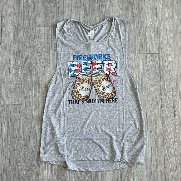 Fireworks and Beer That’s Why I’m Here Cheetah Print Graphic Tee Tank Top - Picture 1 of 5